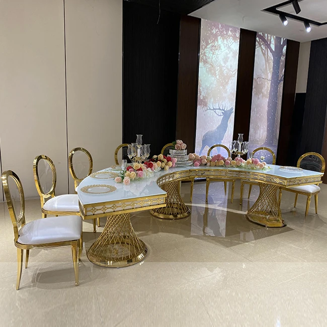 luxury wedding event light half moon shape stainless steel dining table with glass