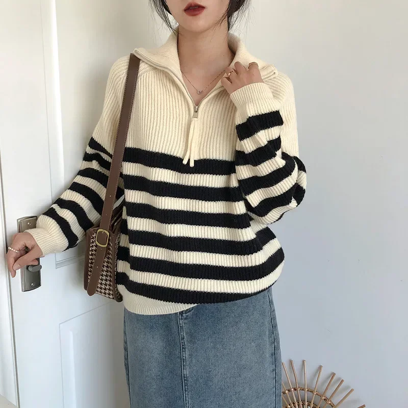 Striped Zipper Kintted Cardigan Women Pullovers Autumn Winter Black Jumpers Crochet Loose Long Sleeve Sweater 2022 Jumper Causal