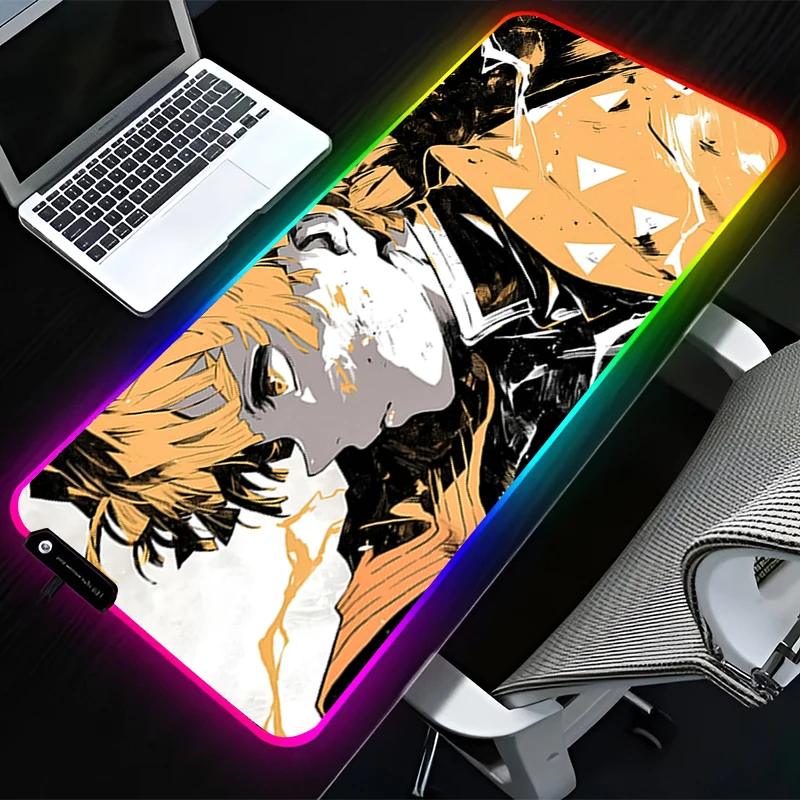 

RGB LED Mouse Pad Rubber Mousepad Laptop Gaming Mats PC Accessories Extended Pad Office Non Slip D-demon Slayer Zenitsu Desk Mat