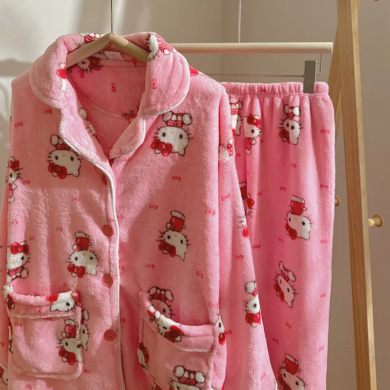 Sanrio Hello Kitty Women\'s Winter Pajamas Fleece Lapel Cardigan Homewear Two-piece Set Coral Fleece Thickened Warm Pajamas