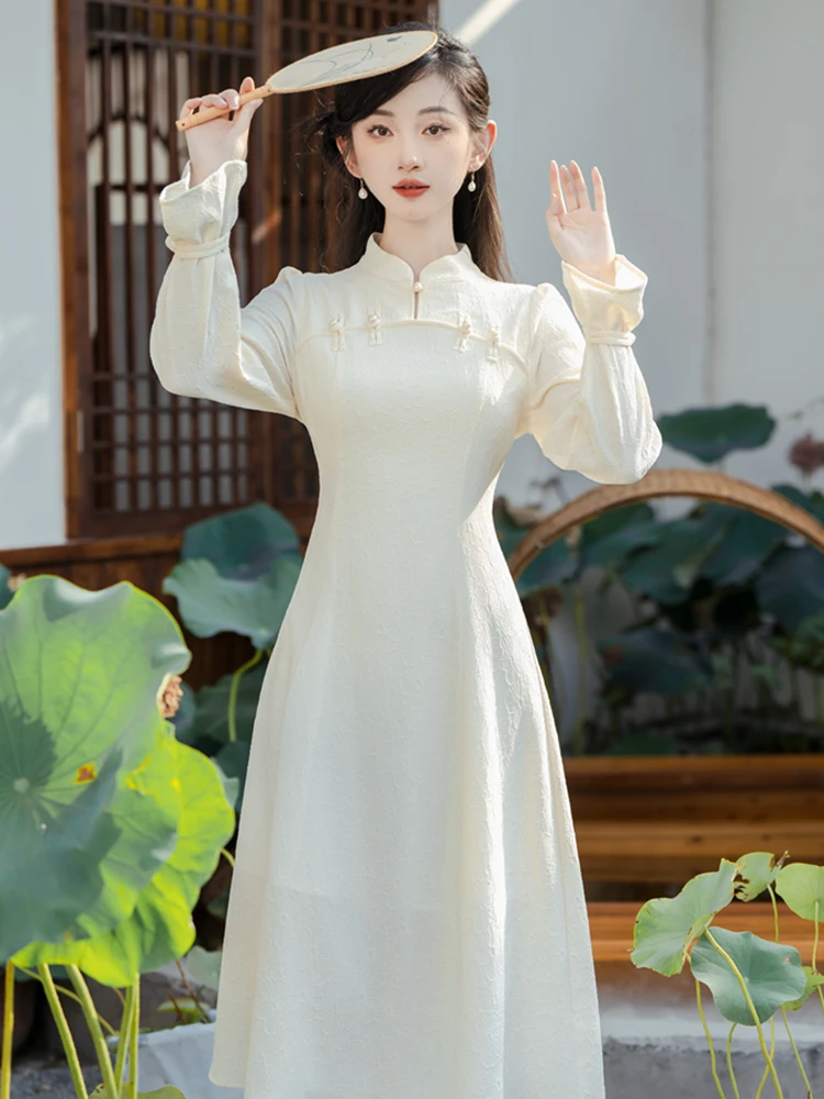 

Ele New Chinese Sle Qipao Dr Re-designed Classic Elegance Retro High-end Midi Skirt Long Sve Color for Women