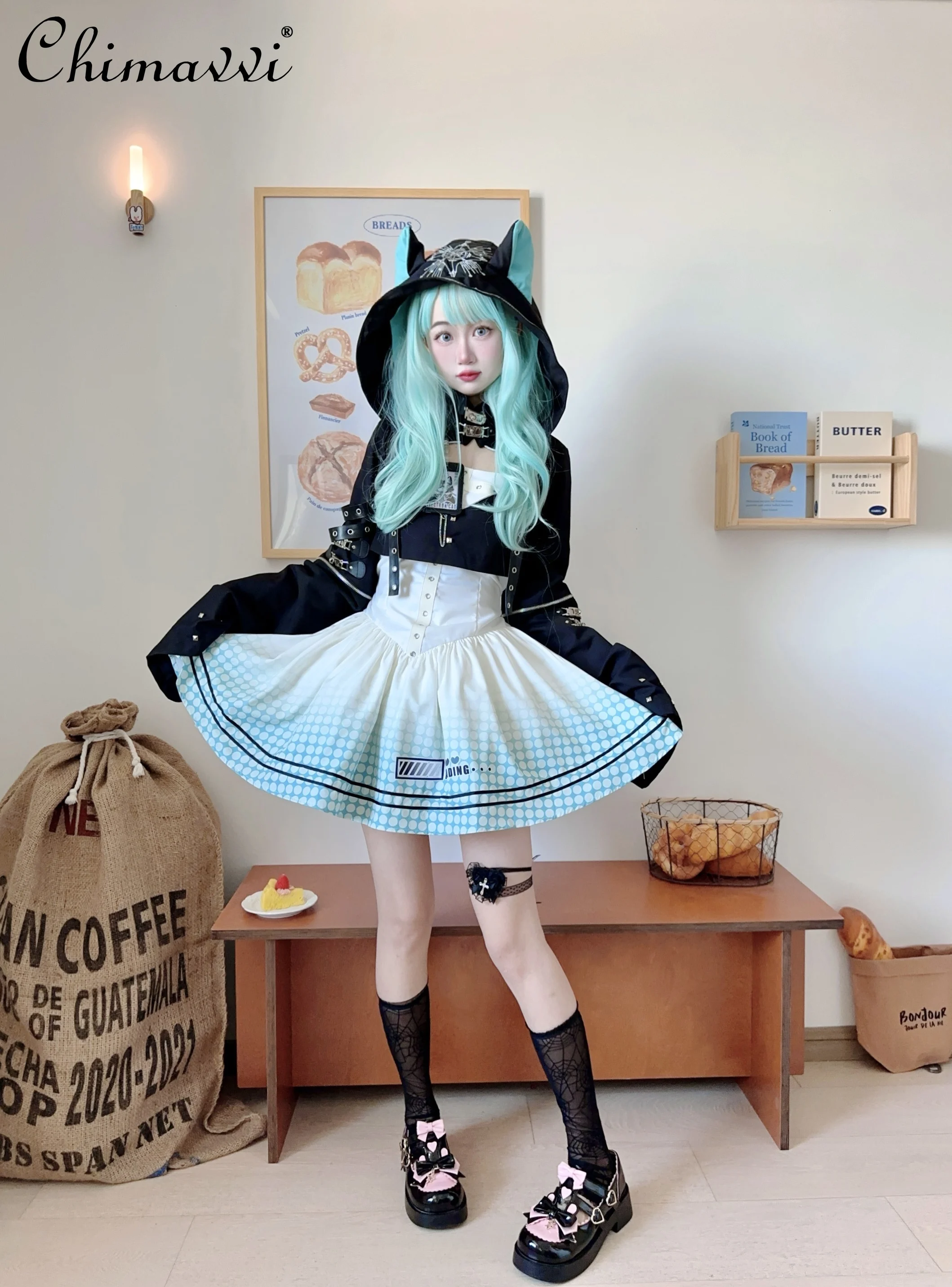 

Original Gothic Style Sweet Cool Girl 3D Cat Ear Lolita Strap Dress + Long Sleeve Hooded Jacket Subculture Women's Dress Set