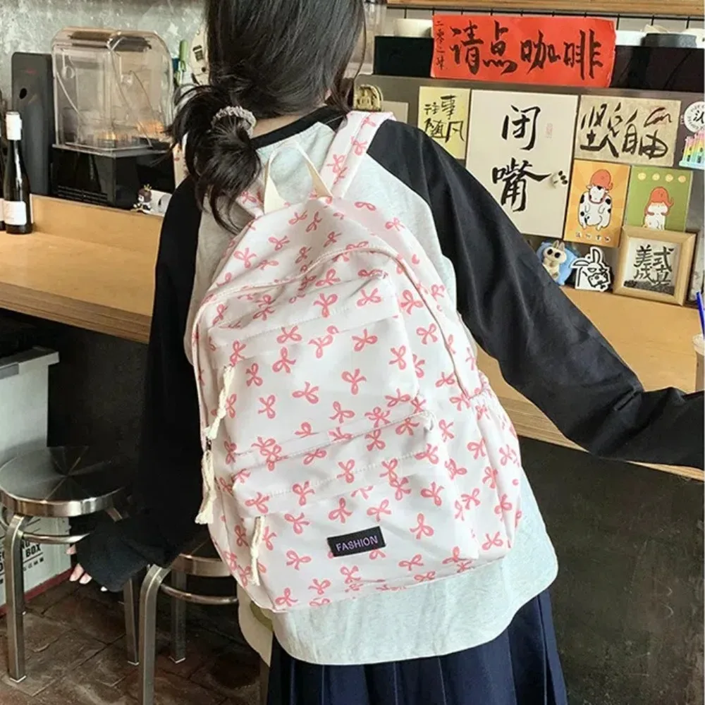 Cute Bow Printed Students Backpack Adjustable Strap Large Capacity Book Bag Nylon Travel Rucksack Outdoor