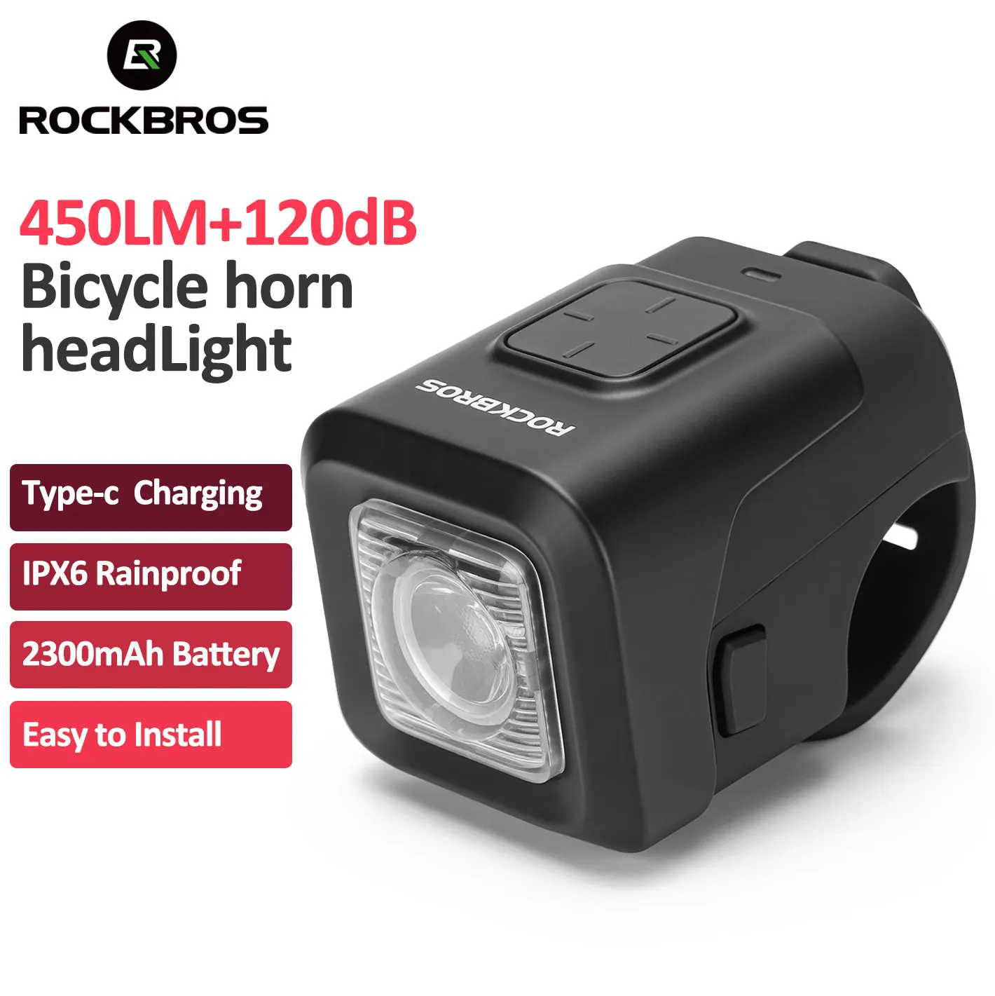

ROCKBROS 450LM Велосипедный звуковой сигнал 120 дБ IPX6 Непромокаемый тип-C Зарядка 2300 мАч Фара Предупреждайте 2 в 1 Электронный звуковой сигнал Передний фонарь