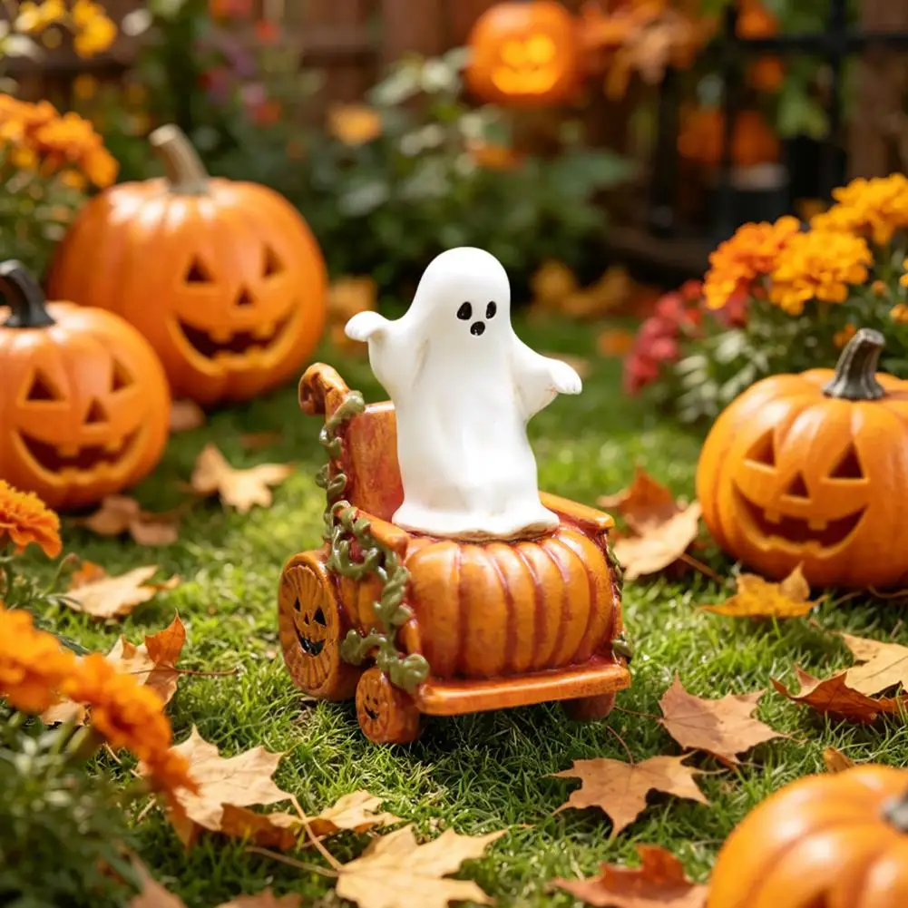 Halloween Resin Ornament Exquisite Resin Craft Collectible Ghost Pumpkin Cart Figurine Halloween Resin Ghost Statue for Home