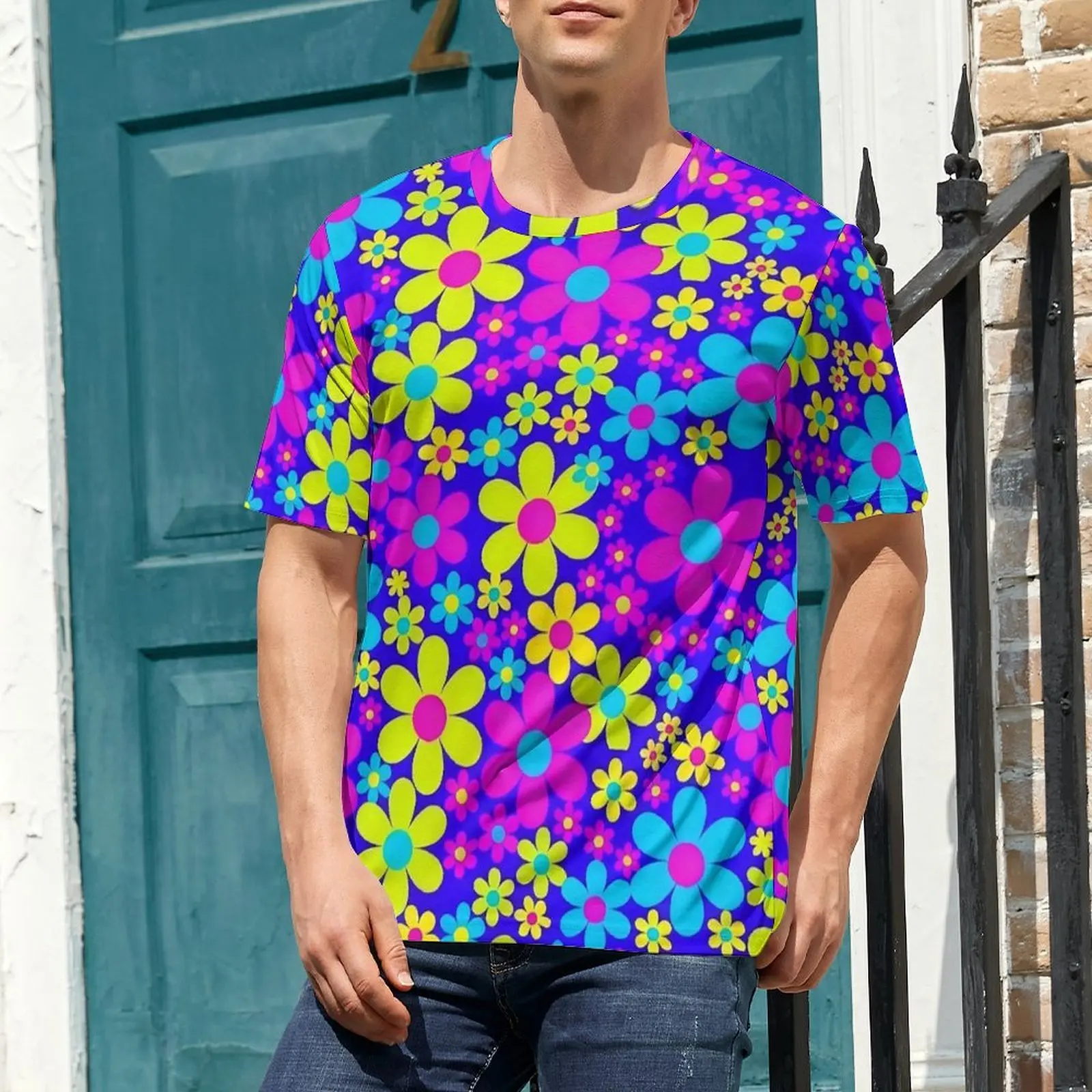 Plus Size T-Shirt Beach Neon Blue Contrast Daisy Floral T-Shirts  Casual Crewneck Tee Shirt Male Popular Custom Clothing