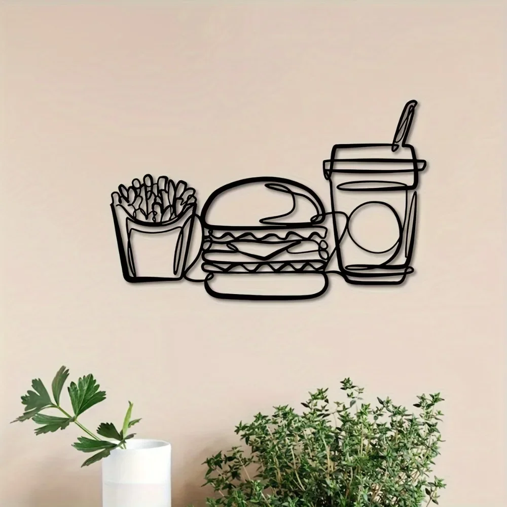 1 pièce Décoration murale en métal Fast Food 15,7x9,9 pouces, Murale en fer Hamburger Café Restaurant, Décoration murale créative pour intérieur, extérieur, patio B