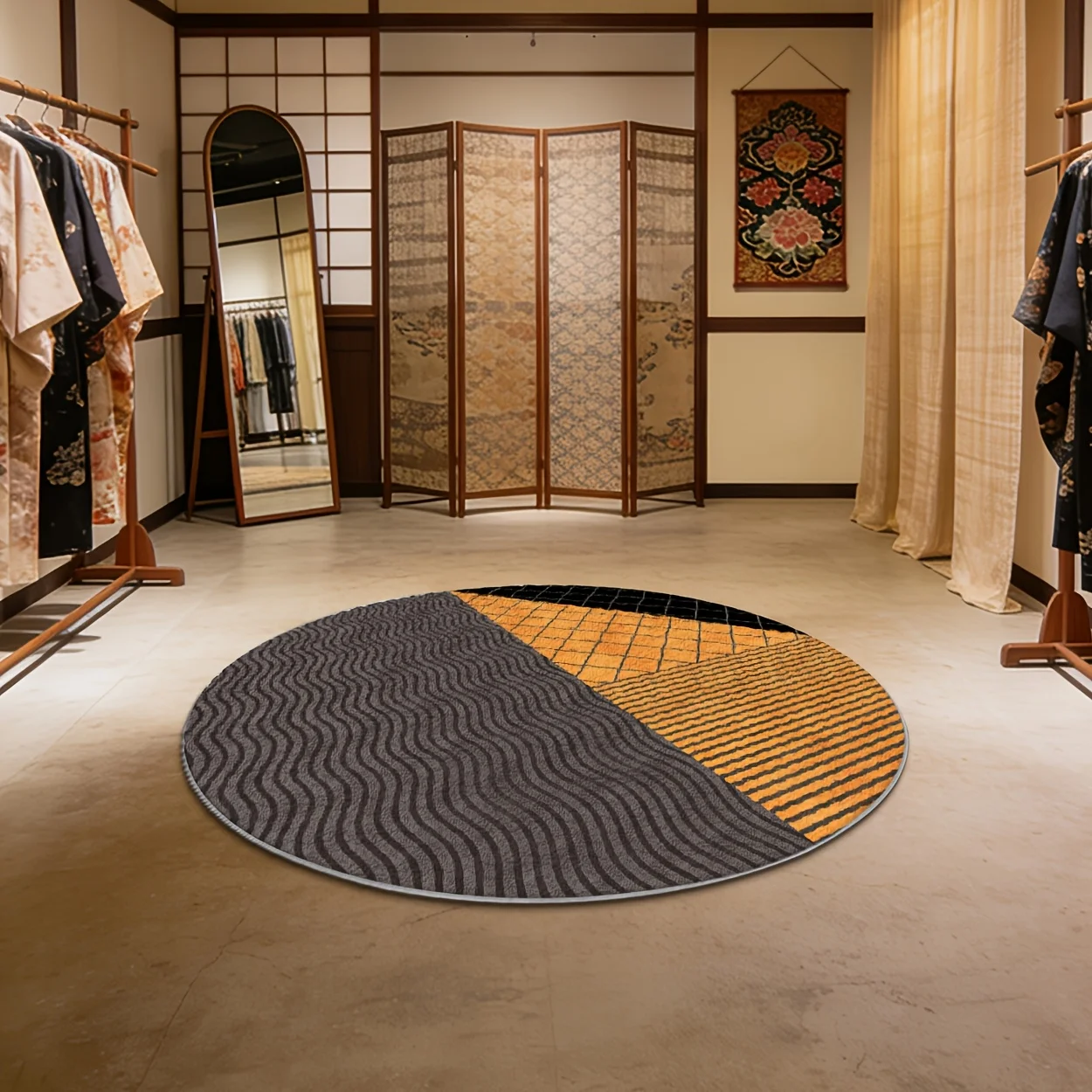 Modern Black Grey Orange Geometric Split Texture Round Commercial Floor Rug Welcome Decor For Entryway Porch