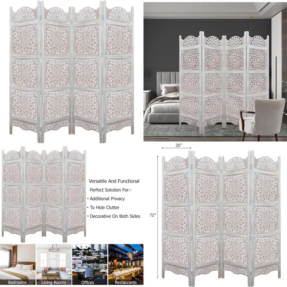 شاشة أرضية خشبية مع ميدالية بيضاء - تصميم قابل للطي بأربعة ألواح - 72 × 80 - منحوت يدويًا، محمولة، وظيفية قابلة للعكس #1