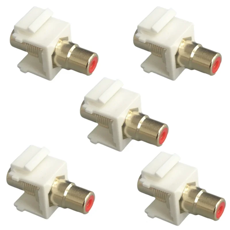 5 RCA Keystone jack plugs, gold-plated RCA audio wall jack for wall panels, rubber head female jack to female jack, black and wh