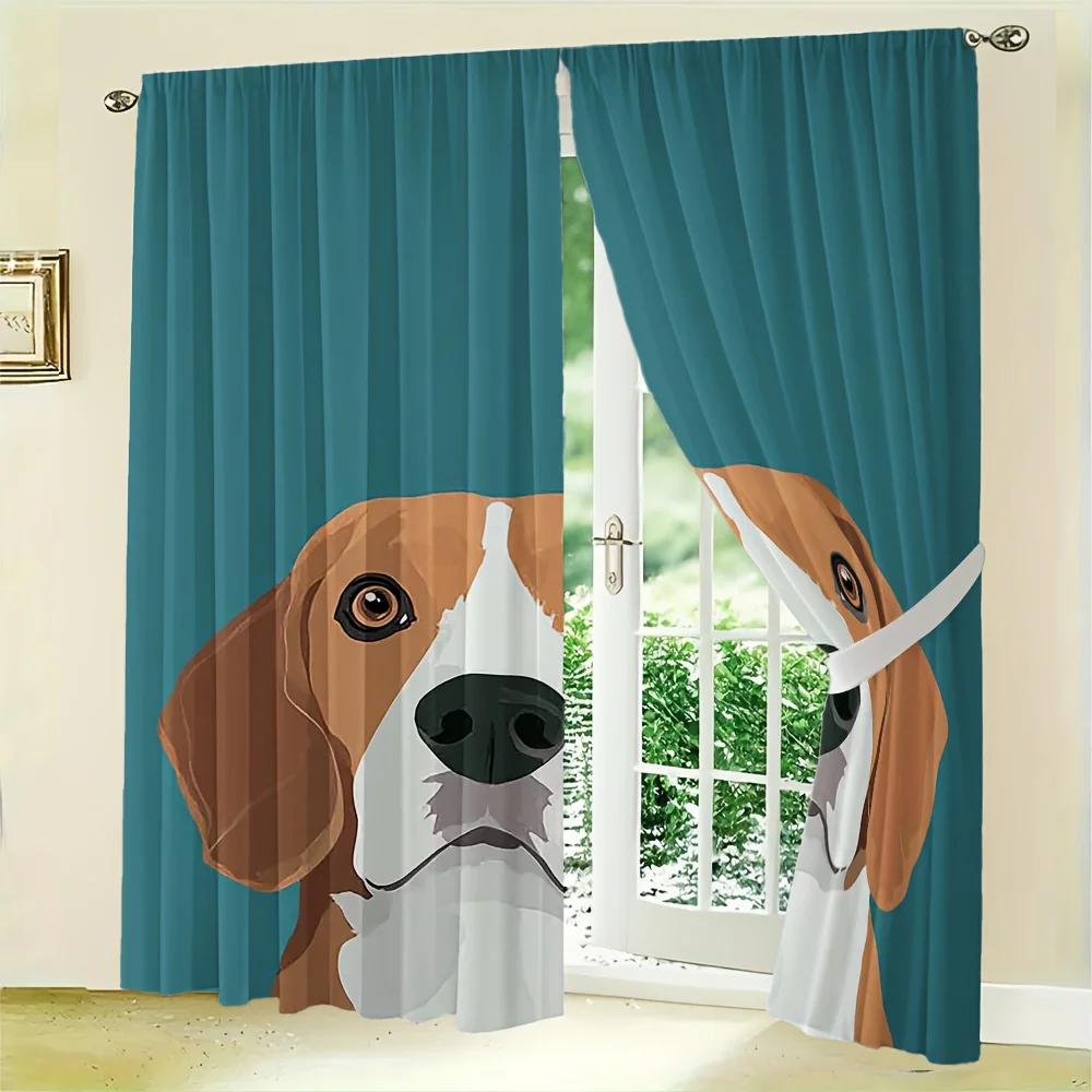 2pcs Beagle Split-Face Curtains No Rod  Flat Vector Dog Illustration Teal Blackout for Living Room Bedroom Kids Room Pet Home