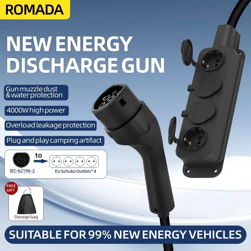 Portable 16A 4KW V2L Cable Electric Car Side Discharge Plug EV Charger IEC62196-2 Type2 16A With EU Socket Outdoor Power Station
