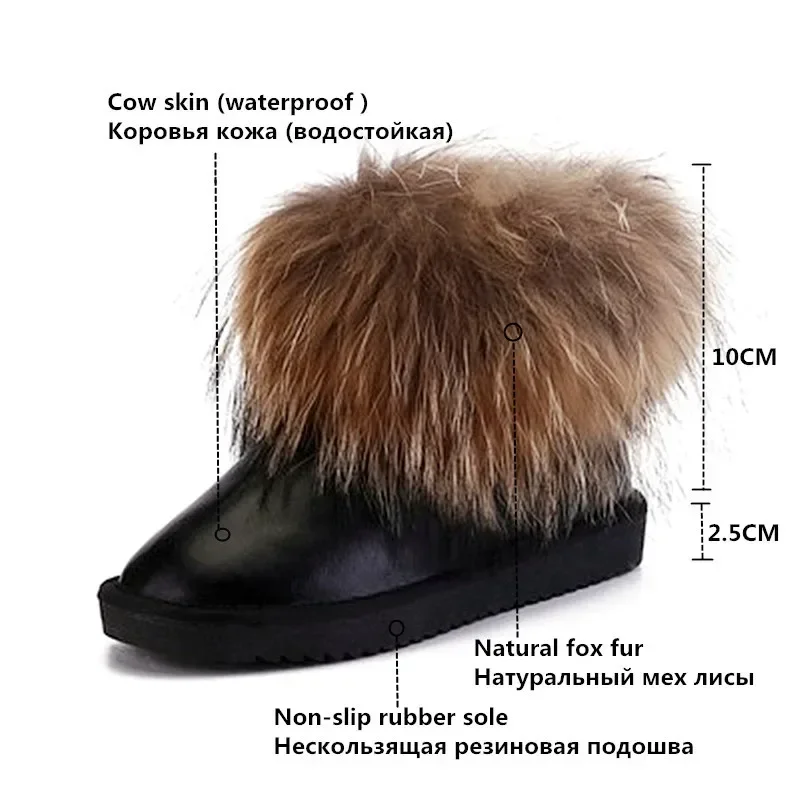 G&Zaco Women\'s Winter Boots Genuine Leather Natural Real Fox Fur Snow Boots Short Ankle Boots Fur Boots Female Flat Heel Shoes