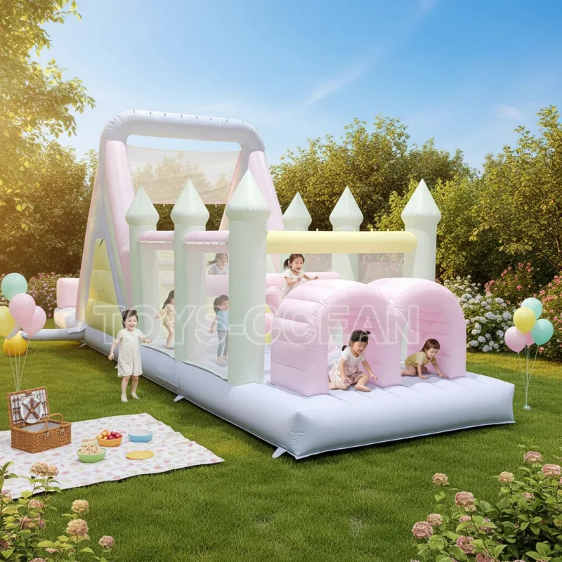 Pastel Macaron Inflatable Castle Obstacle Slide Combo, Indoor Outdoor Kids Bounce House with Climbing Wall for Party Rental