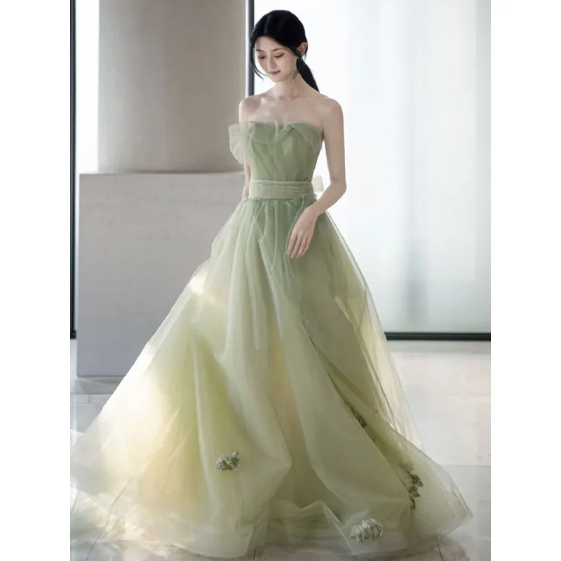 Vestido verde de quinceañera sin tirantes, traje elegante de tul bordado, ajustado con lazo de encaje, para fiesta de cumpleaños, boda escalonada de lujo