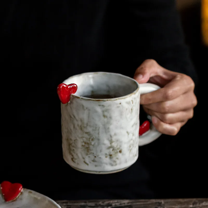 Creative, Cute and Heart-shaped Coffee Cups, Kiln-transformed Mugs, High Appearance Level Household  Ceramic Couple Water Cups,