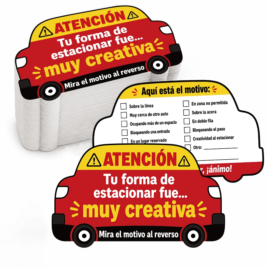 100 Pcs Spanish Parking Reminder Cards, Double Sided Car Shaped Warning Notes, Humorous Vehicle Parking Notice Cards