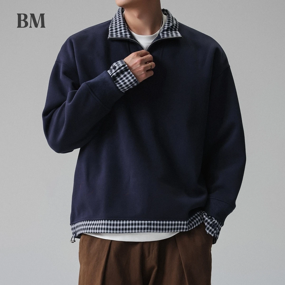 

Mens Half Zip Sweatshirt Plaid Patch Stand Collar Two Piece American Streetwear Spring Autumn Casual Unisex Top High Quality