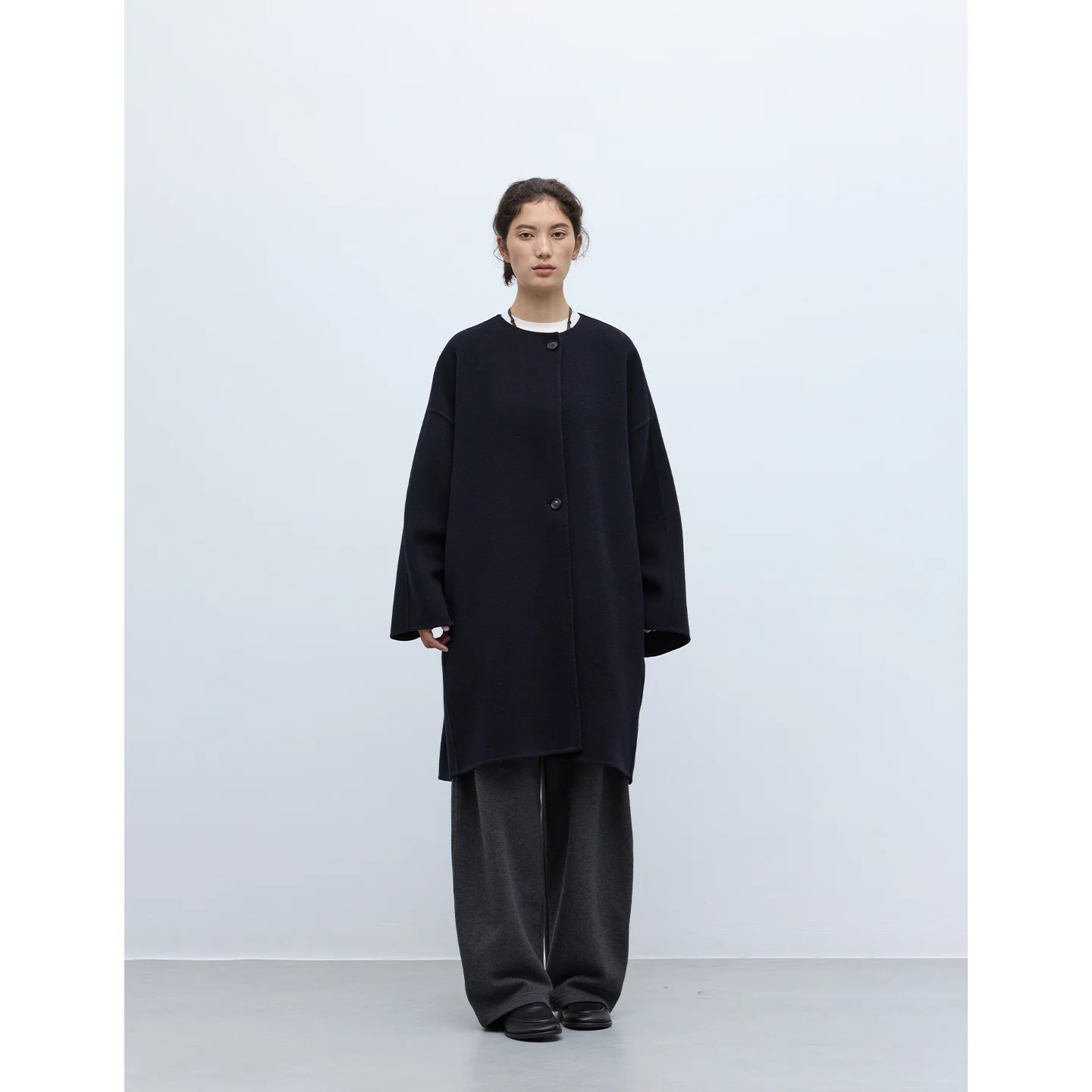 

Двустороннее шерстяное пальто ручной работы ~ Женское шерстяное пальто из 100% австралийской шерсти, свободное пальто средней длины с круглым вырезом на осень и зиму