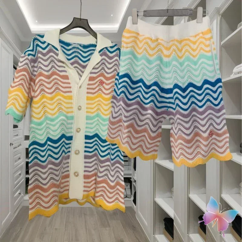 Men Women Rainbow Wave Knitted Short Sleeve Set Fashion High Street Casa Shirts