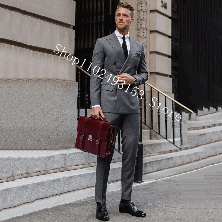 Grey Formal Business Suits Men Blazer Slim Fit Suits Double Breasted Groom Wear Wedding Tuxedos Jacket Pants Trajes De Hombre