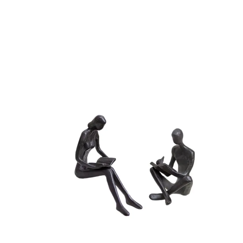 Modern minimalist cast iron couple reading statue, decoration for living room, entryway, TV cabinet, study, bookshelf, and craft