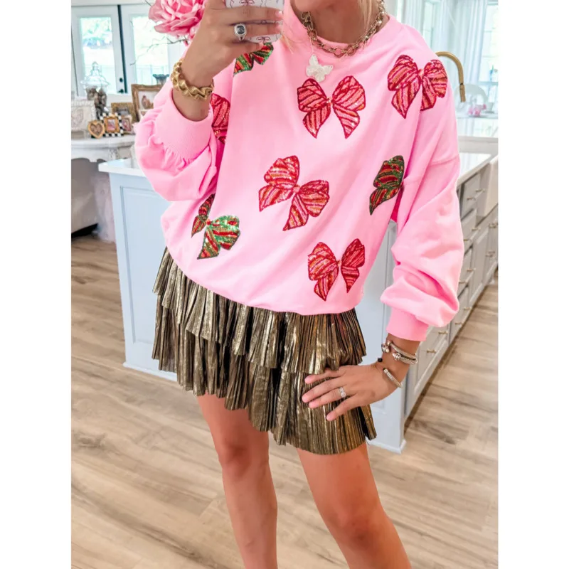 2025 Fashion Tops Autumn And Winter Hoodie Ladies Butterfly Bow Sequin Round Neck Loose Casual Long Sleeved Sweatshirt For Women