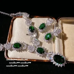 Top Quality Women Elegant Jewelry Set 925 Silver Color Dazzling Green Cubic Zirconia Wedding Necklace Earring Ring Bridal Gift