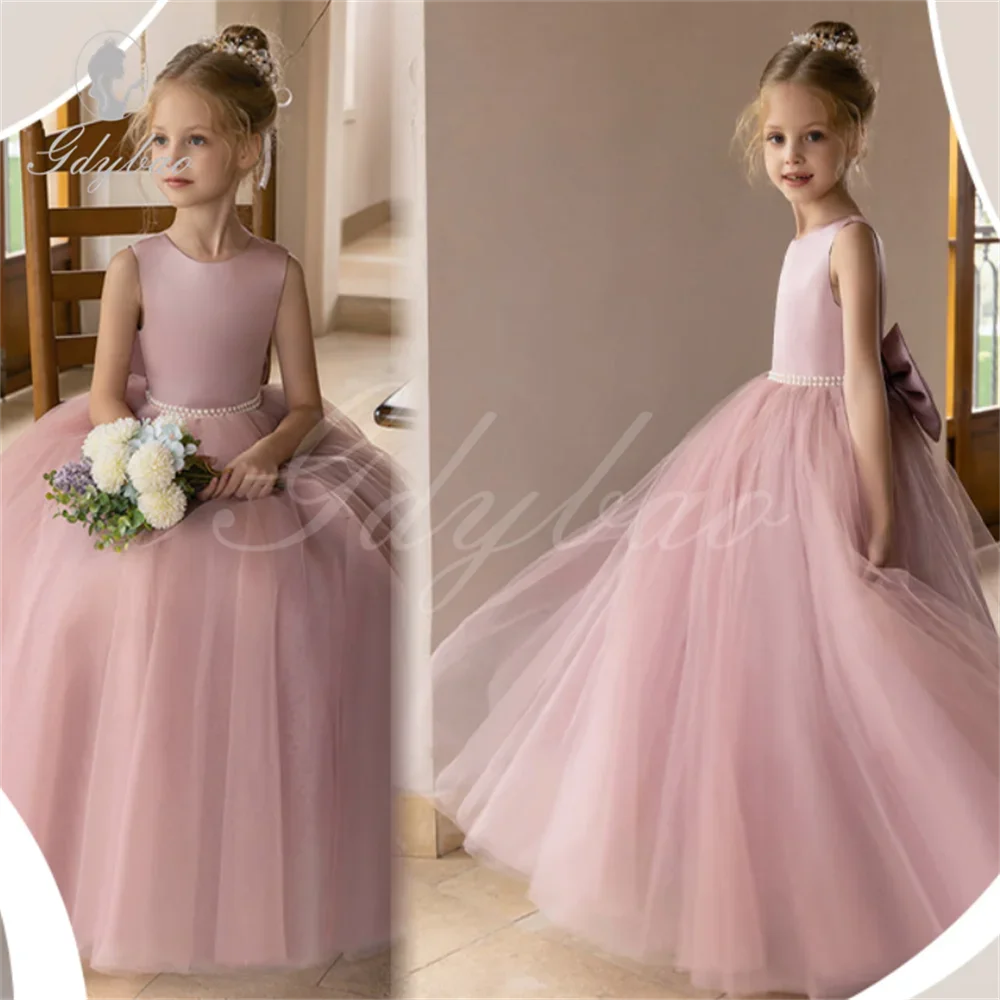 Dunkelrosa Blumen mädchen Kleid einfache Mädchen Geburtstags kleider V-Back Perlen Junior Brautjungfer Kleider Prinzessin Bogen Ballkleid