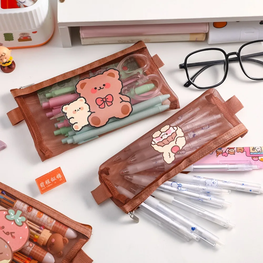 Cute Bear Transparent Mesh Pencil Case Ins Portable Toiletry Makeup Pencil Bag Stationery Gift School Pencil Box Crafts Supplies