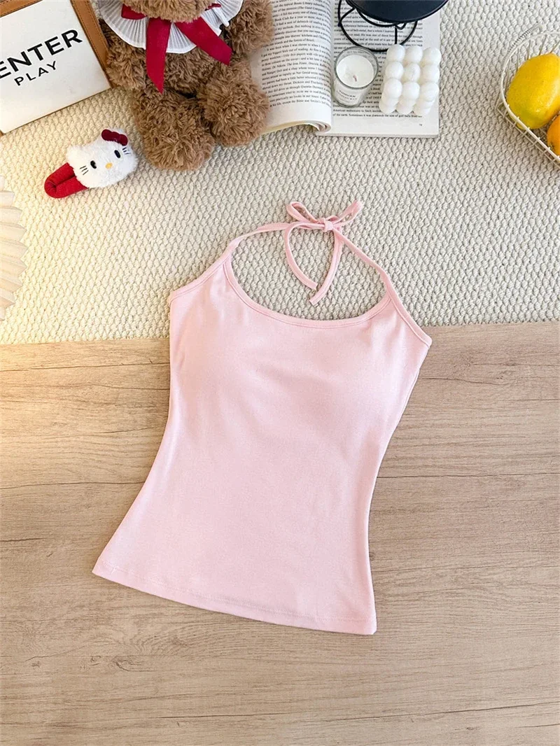 Koreanischer Stil Mehrfarbiges Crop-Top mit Bindeband und integriertem BH-Pad – Sexy, eng anliegendes Tanktop für Damen – Detail 13