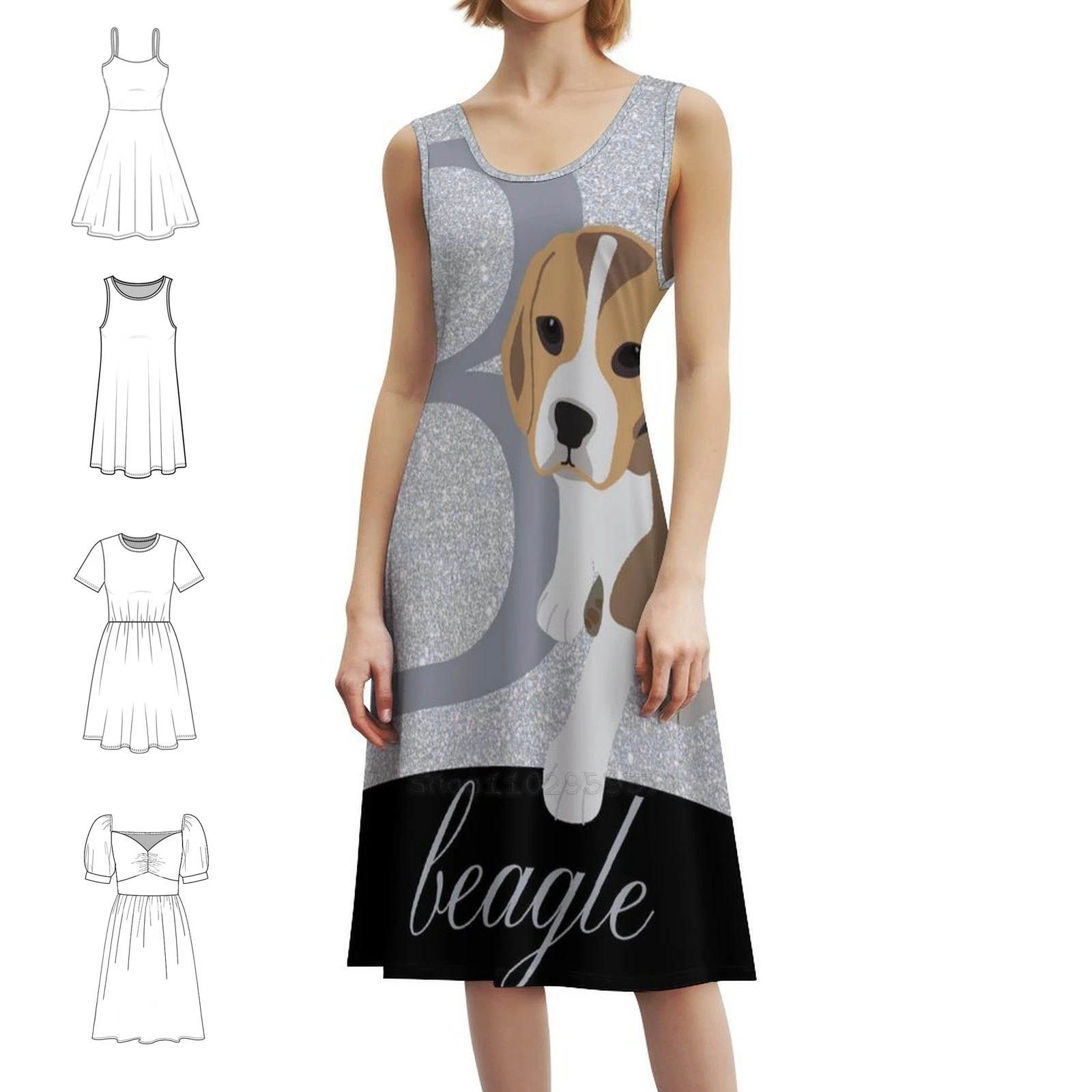B مخصص لبيغل كارتون جرو الكلب مع بريق الفضة المرأة فستان حفلة أنيقة فستان على شكل حرف a مع قصير/طويل/أكمام