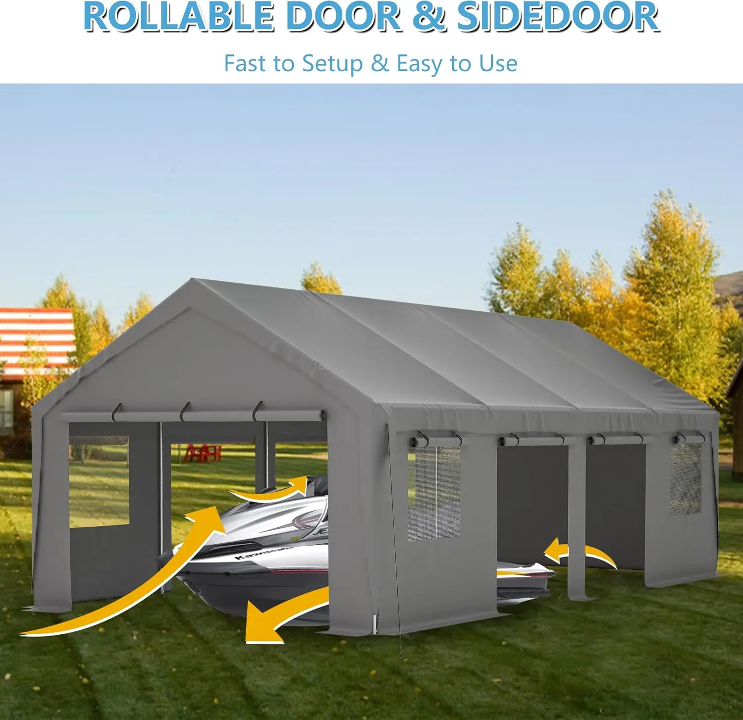 Carport 13'x 25' พอร์ตรถยนต์สําหรับงานหนักพร้อมผนังด้านข้างแบบม้วนขึ้นและหน้าต่างระบายอากาศพร้อมผนังด้านข้างแบบถอดได้