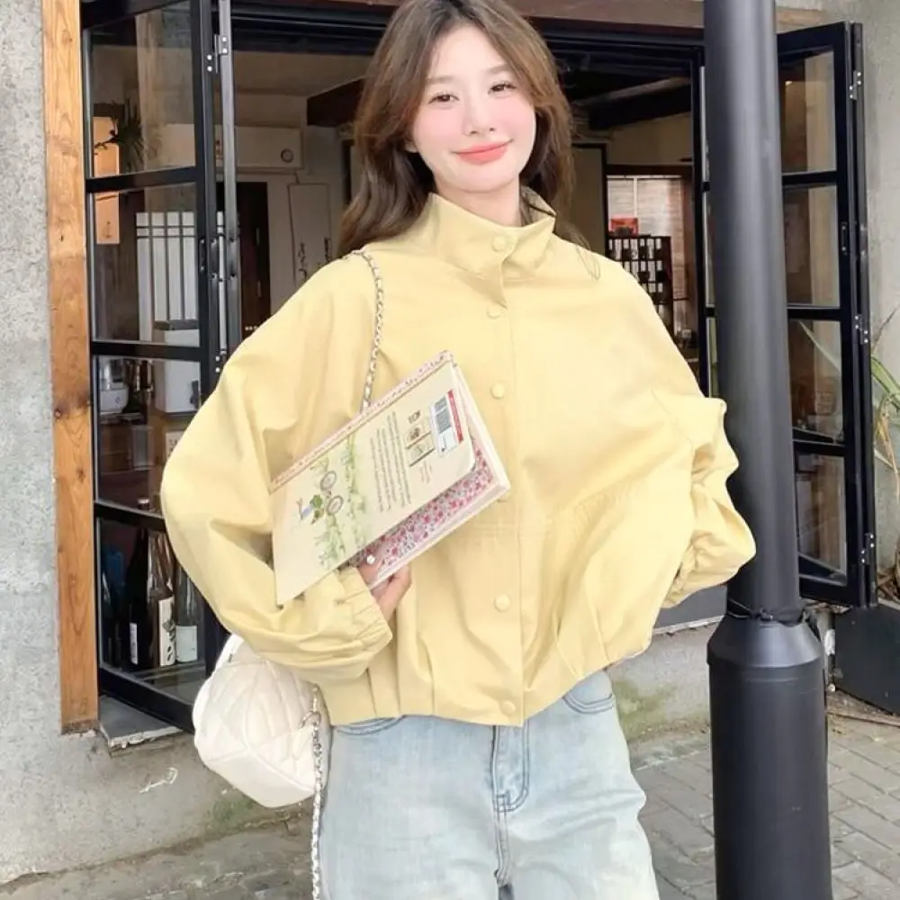 Women Cream Yellow Cargo Jacket Stand Collar Autumn Spring Korean Style Casual Windbreaker Loose Long Sleeve Coat