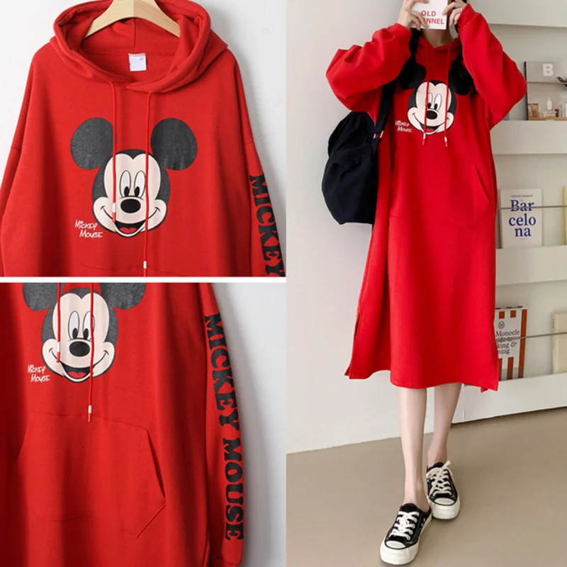 Disney Mickey Mouse sukienka jesień Cute Cartoon drukowanie 3D duży rozmiar bluzki damskie z długim rękawem moda Over-the-knee luźna bluza z kapturem