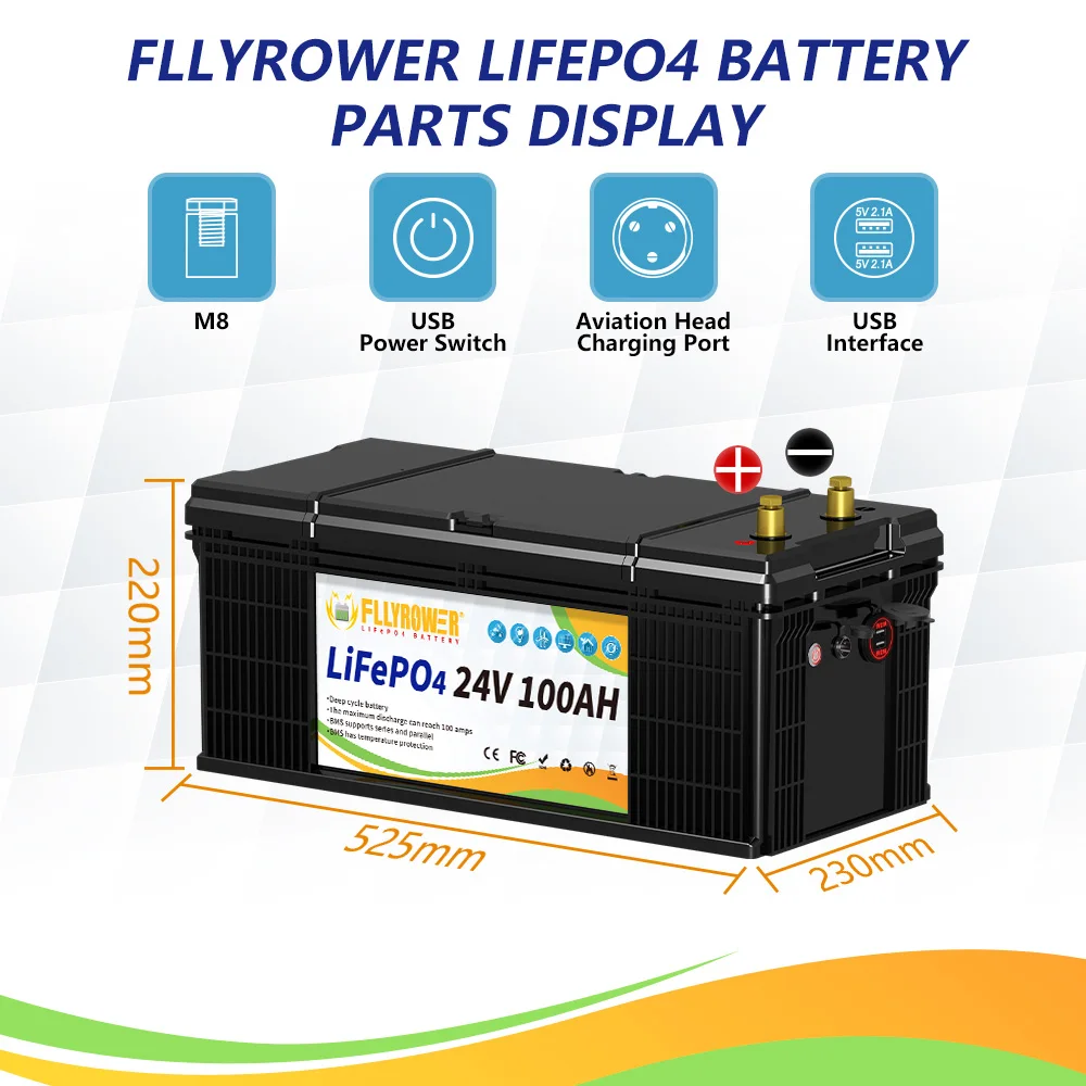 بطارية Fllyrower 24 فولت 100 أمبير Lifepo4 بطارية 25.6 فولت 60 أمبير في الساعة بطارية ليثيوم أيون بطارية ليثيوم تعمل بالطاقة الشمسية بقدرة 2560 وات في الساعة في CA/US/DE/JP