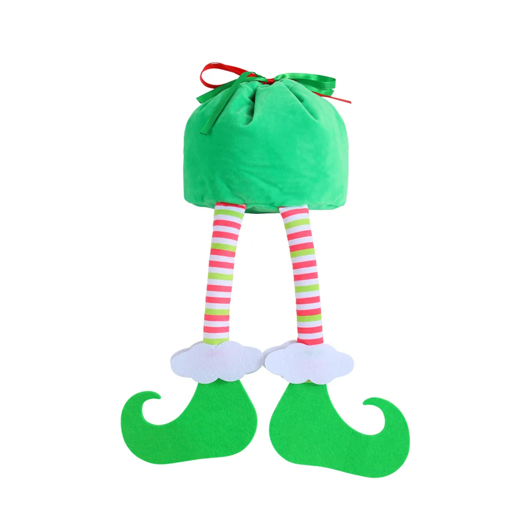 Elf Christmas Santa Sack For Kids Green Soft Plush Gift Candy Bag Ribbon Drawstring Xmas Present Storage