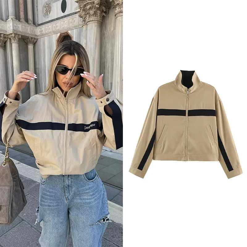 Women's Contrast Striped Jacket with Zipper New 2026 Autumn Stand-Neck Long Sleeve Women Coats Simple Female Tops