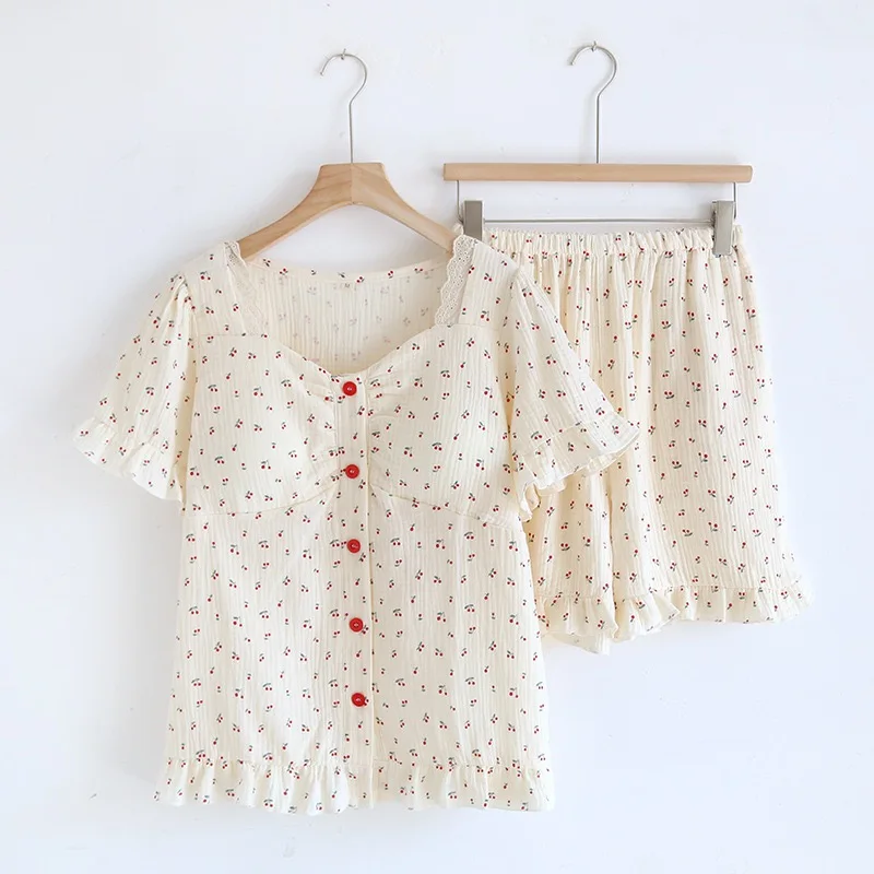 Women summer 100% cotton Short-sleeved top With chest pads shorts Pajama set Cute cotton yarn loungewear for girls