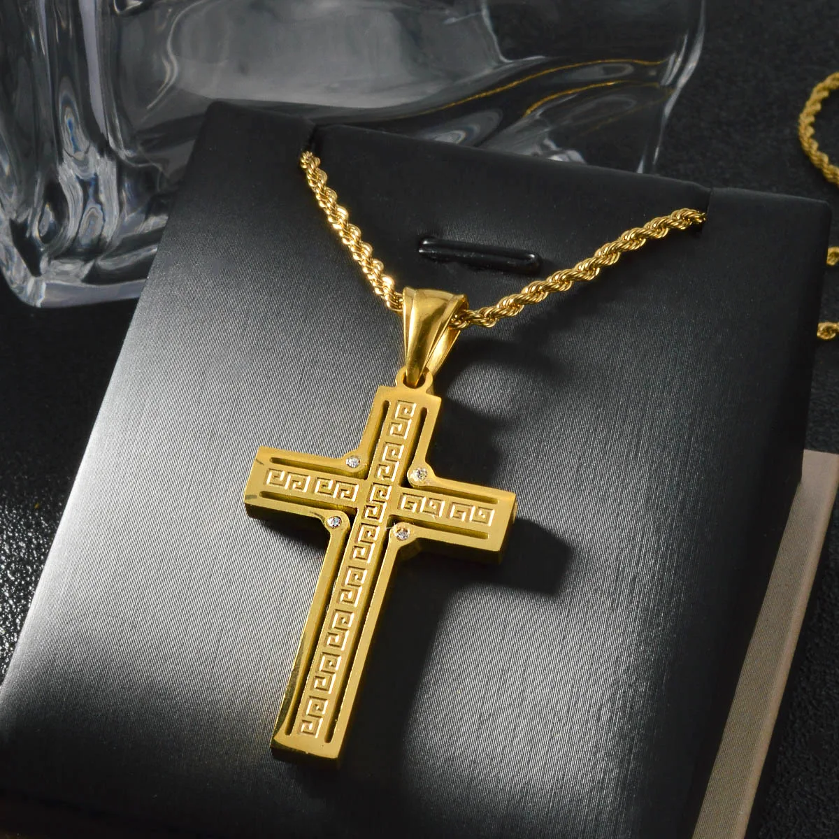 Luxury 24K 9999 Pure Gold real gold Hip Hop Hollow Point Drill Cross Table Pendant Twist Necklace