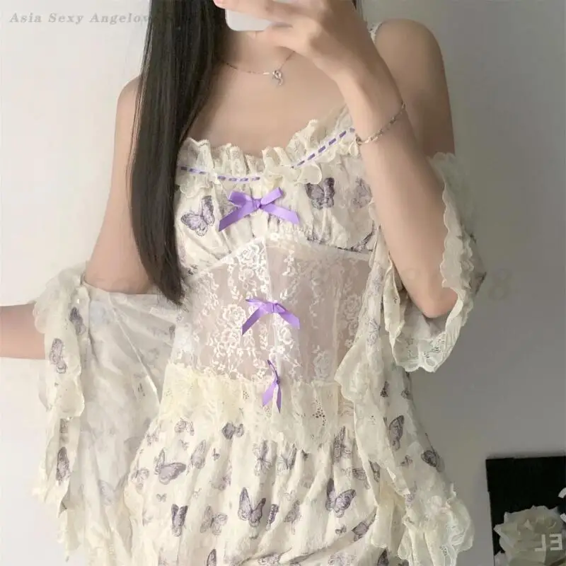 

Сексуальный кружевной женский пижамный комплект из 4 предметов, одежда для сна с принтом бабочки, домашняя одежда, весенне-осенняя домашняя одежда, ночная рубашка, свободная пижама Mujer