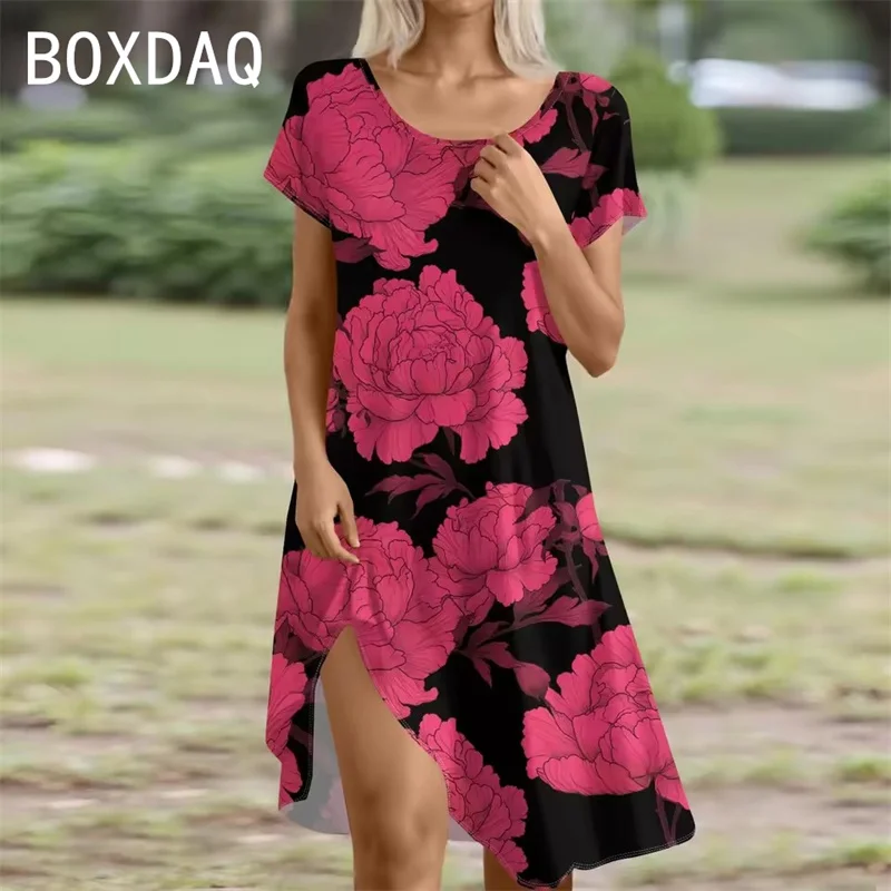 Damen-Sommerkleid, elegantes Retro-Blumenkleid, Sommer, kurzärmelig, Rundhalsausschnitt, lässig, Strand-Partykleid, 2025, Trend, Damen-A-Linien-Kleid