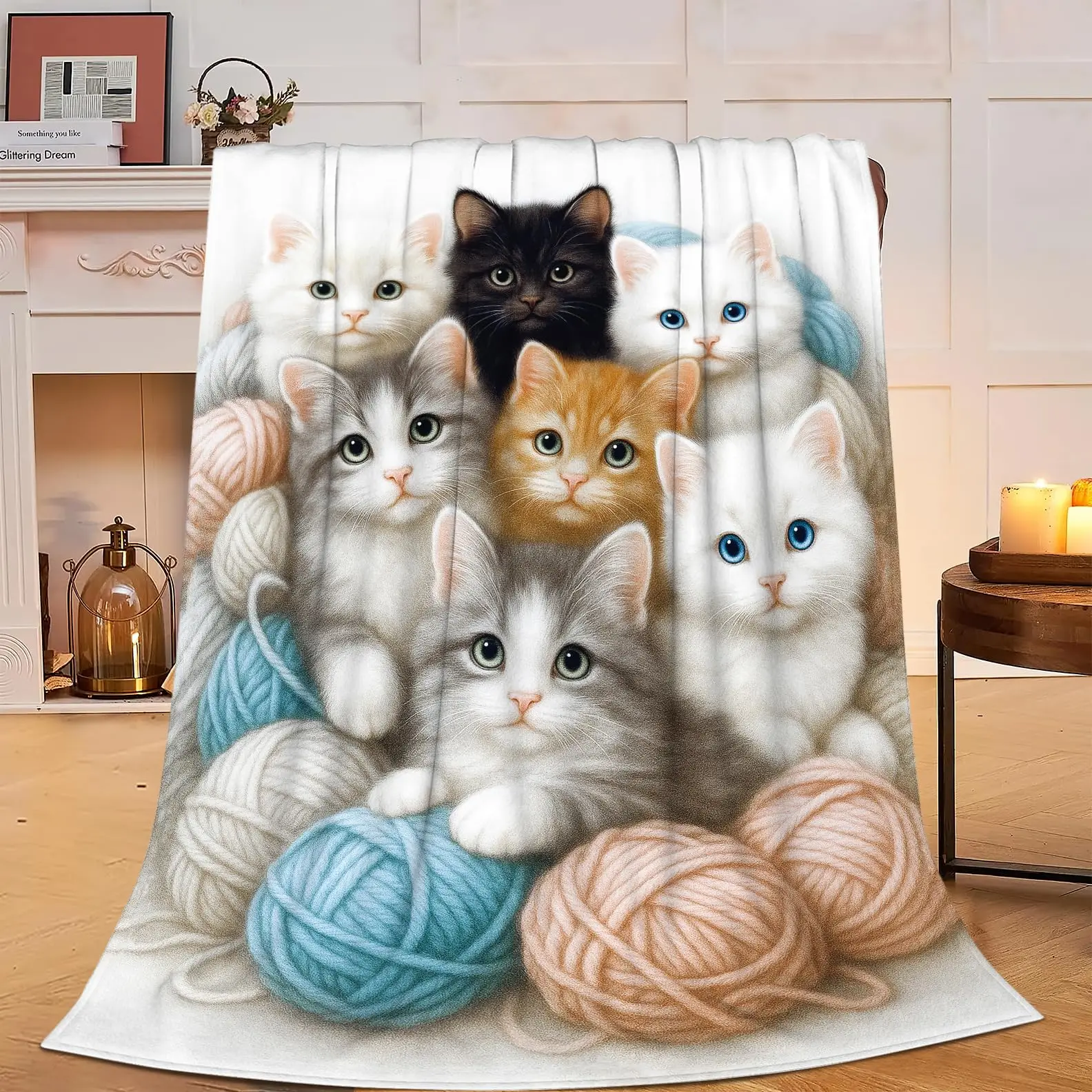 Cute Cat Fleece Blanket Yarn Balls White Ginger Kitten Animal Bedding Throw Super Soft Cozy Flannel Sofa Blanket Luxury