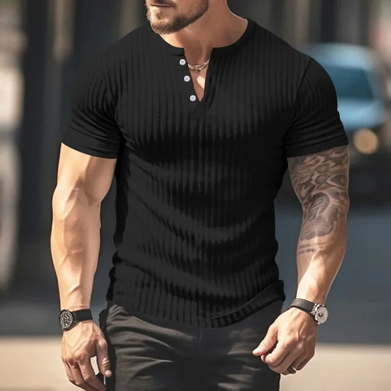 2026 Summer  Men's T Shirts Solid Color V-neck Short Sleeve Knit Elastic Force Casual Men Clothing Streetwear Tee Tops S-3XL