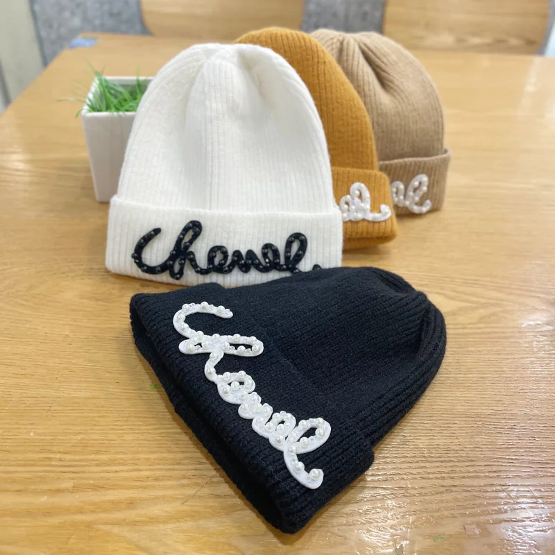 Beaded Letters Woolen Hat Fashion Solid Color High Elastic Beanie Women Hat Autumn Winter Warm Thicke Ear Protection Knitted Hat