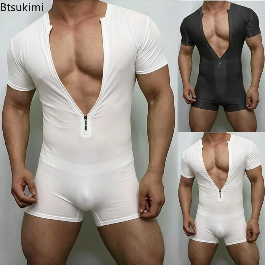 Men Sexy Deep V Zipper Bodysuit Short Sleeve Tight One Piece Romper Breathable Elastic Jumpsuit for Men Gym Lingerie Nightwear