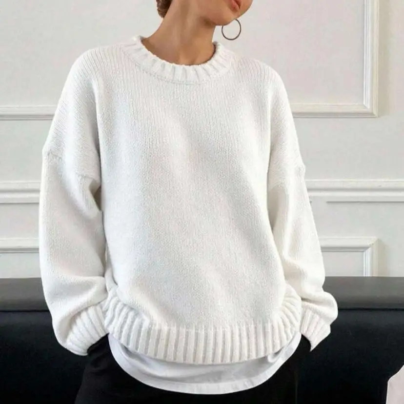 Thiened Pure Color Strickpullover Long Sve Round Ne Pullover Damen Street Sle Herbst Winter Lazy Faion Top