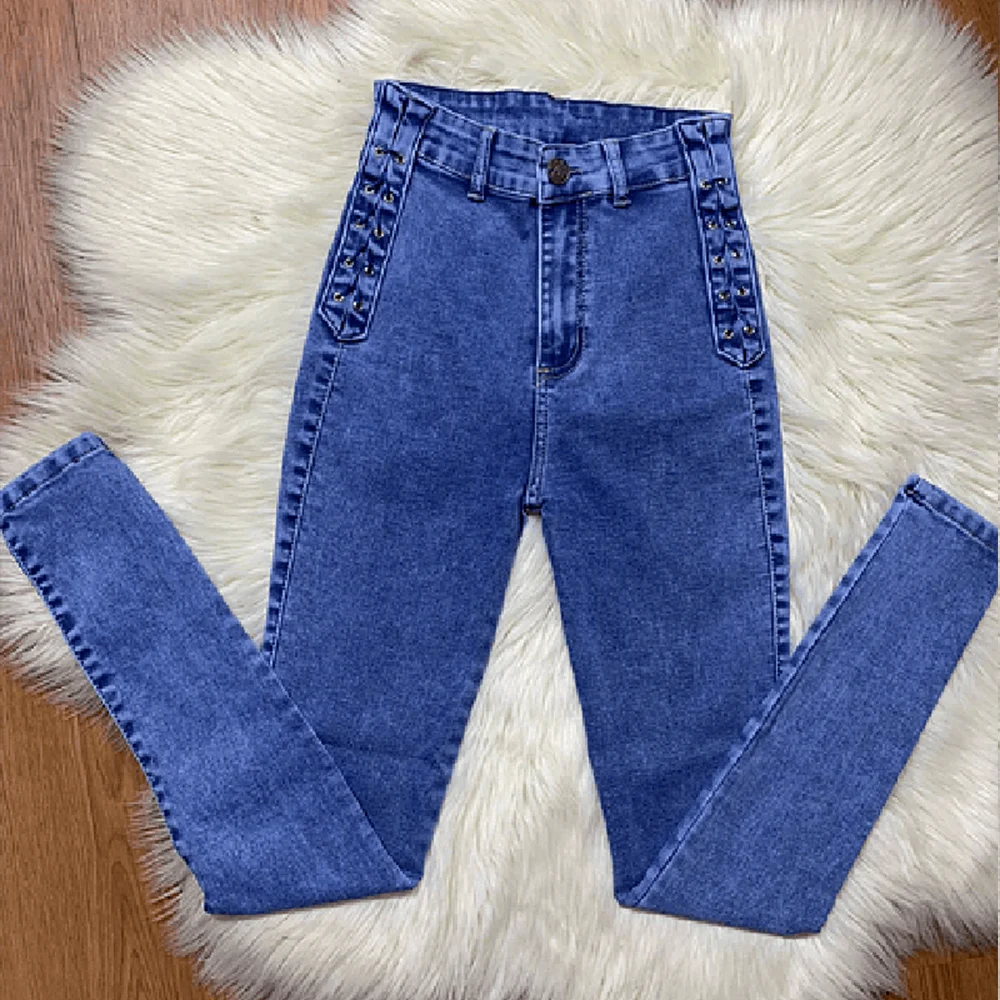 Novas calças de ajuste fino moda jean feminino cintura alta personalizado estiramento calças jeans push up controle barriga sexy legging traf