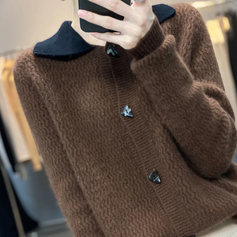 Autumn Winter New Women Cashmere Wool Sweater Polo Collar Ripple Pattern Colorblock Cardigan Casual Knitted Soft Jacket Tops