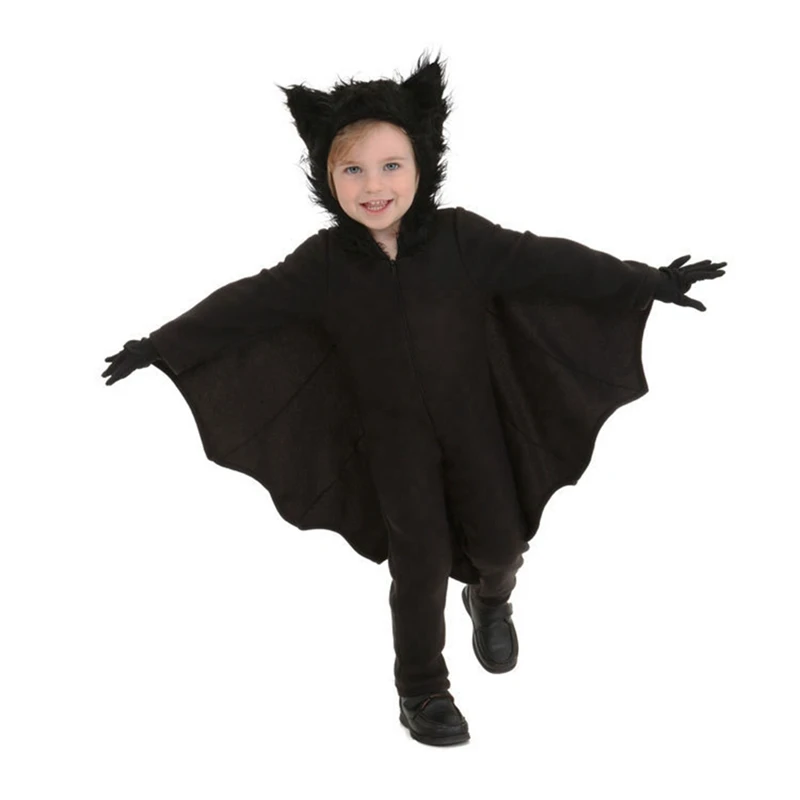 Halloween Bat Vampire Hooded Costume Anime Black Bat Jumpsuit for Kids Games Cosplay Carnival Gloves Kids Clothes